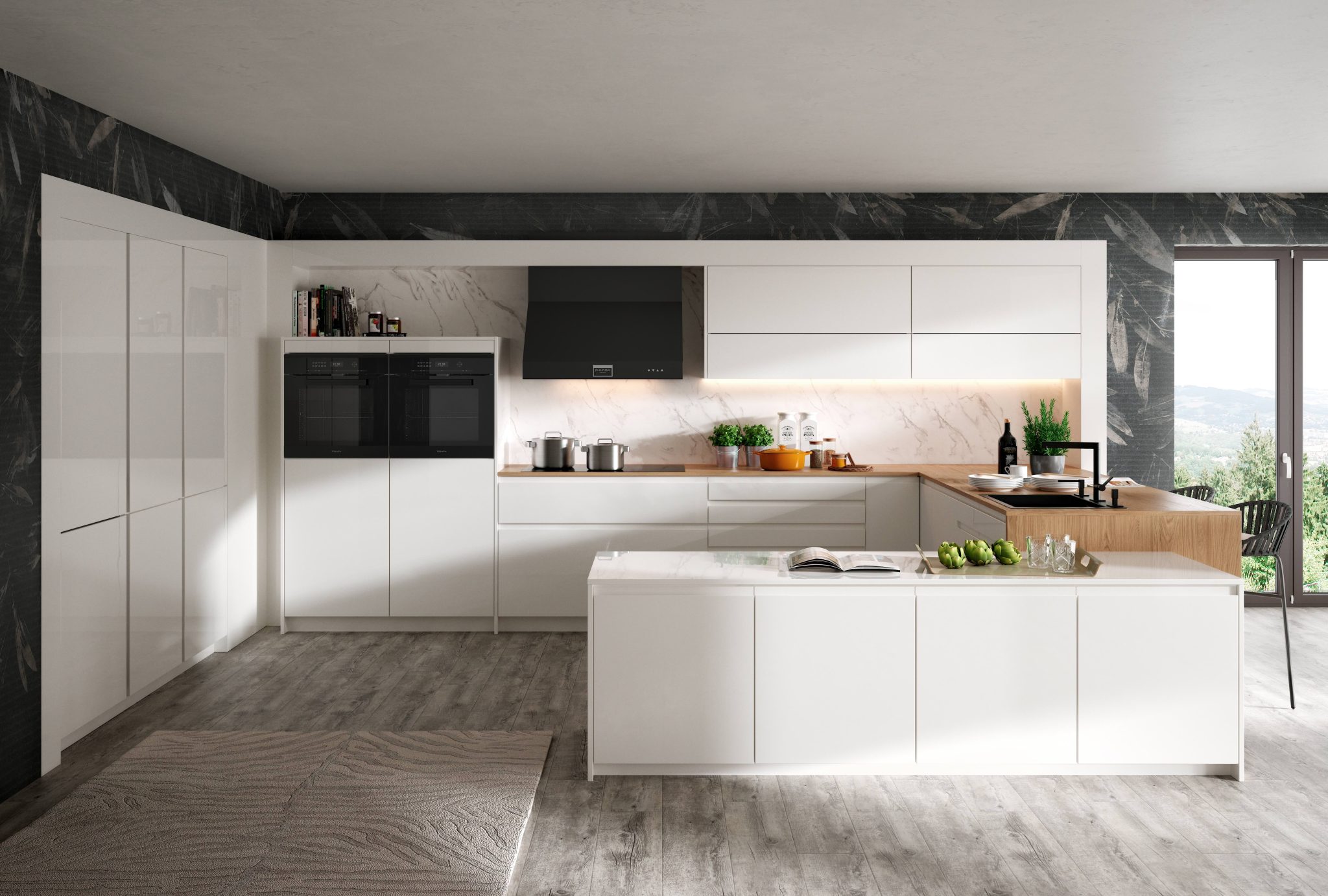 Model Sevilla u bijelom mramornom izgledu visokog sjaja i radnoj ploči od nordijskog hrasta